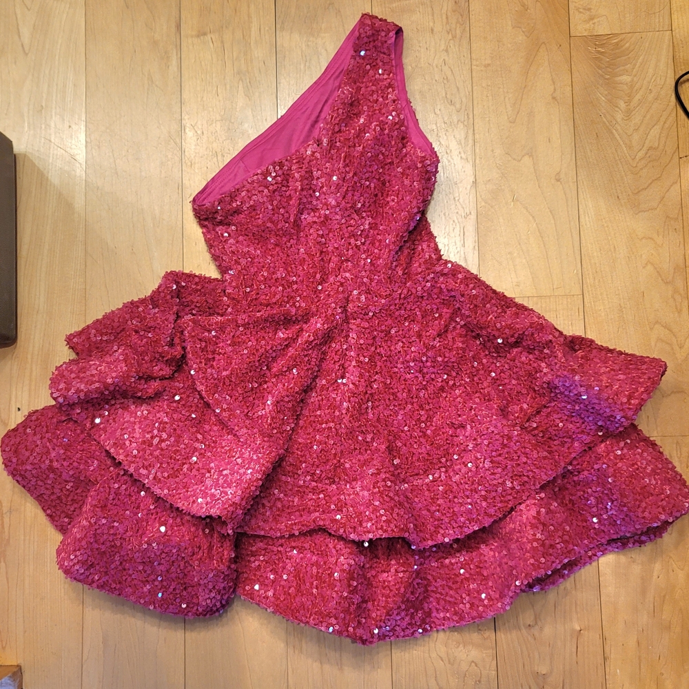 NWOT Pink Sequin One-Shoulder Dress Ruffle Size 0 - Picture 3 of 4